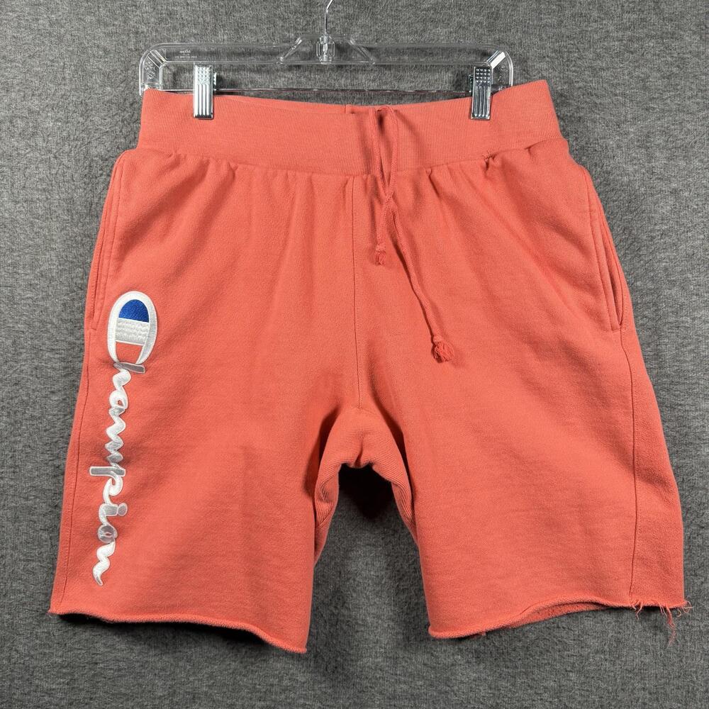 Champion Shorts Mens Medium Peach Reverse Weave Fleece Raw Hem Logo Athletic